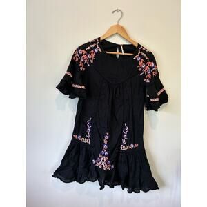 Free People Black Mini Dress with Purple and Pink Embroidery